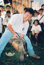 A giant river turtle being held by a Cambodian researcher